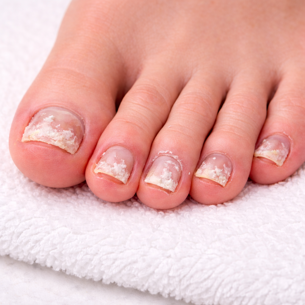 Infected toenails on a resting foot